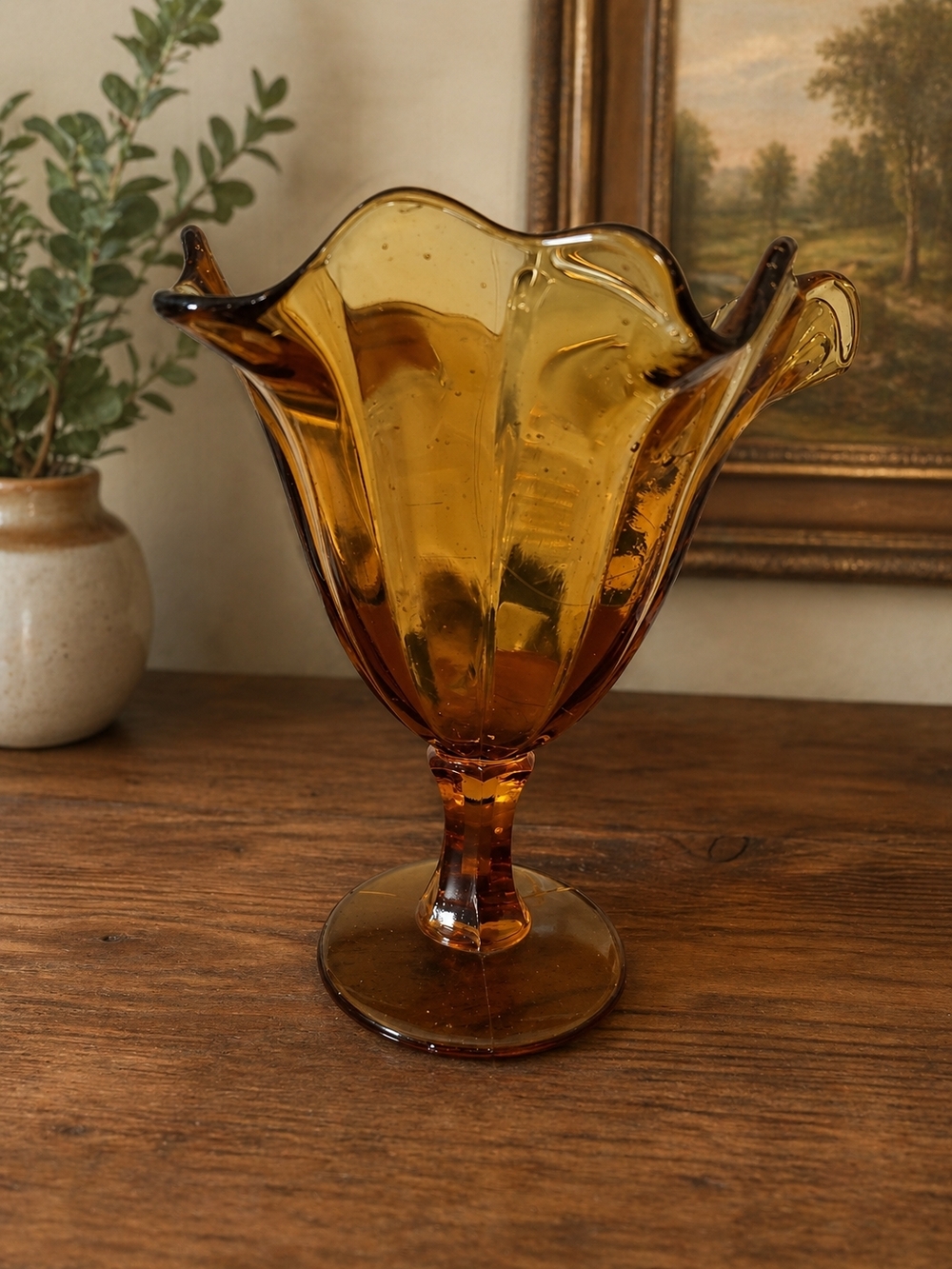 Vintage Amber Pressed Glass Pedestal Compote Bowl Ruffled Edge Mid-Century Decor